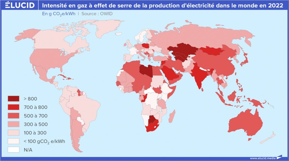 Intensité en gaz à effet de serre de la production d'électricité dans le monde en 2022